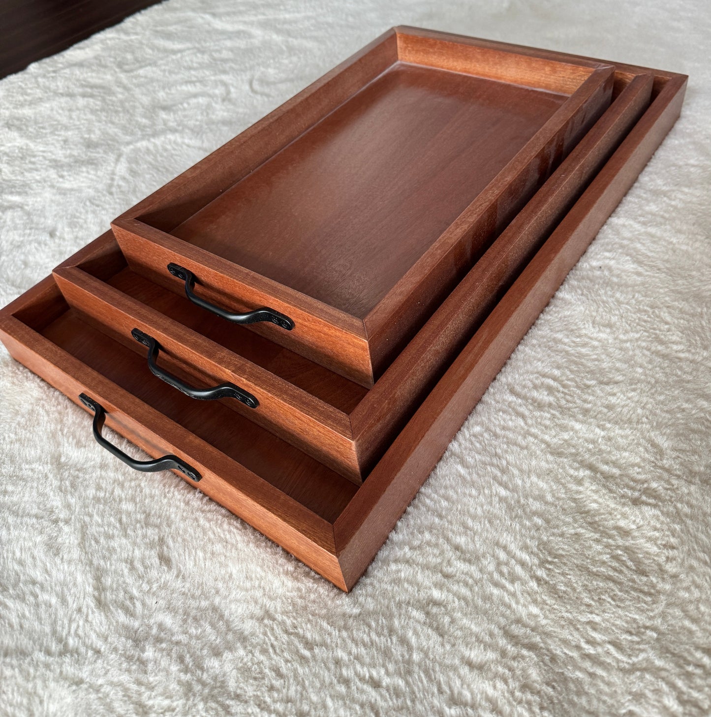 Handmade rustic vintage solid oak or sapele tray 3 set with iron handles Large Rustic hard wood Serving Tray Hand Crafted Wood Tray