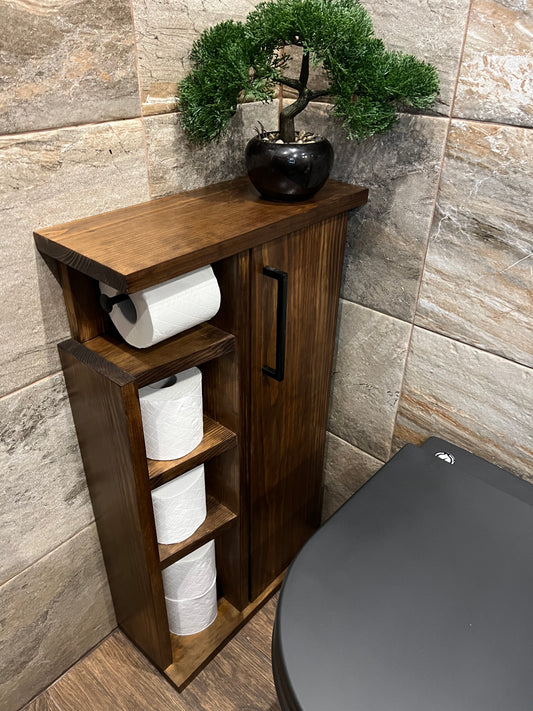 Rustic Wood Toilet Roll Paper Holder Unit Toilet Brush Holder