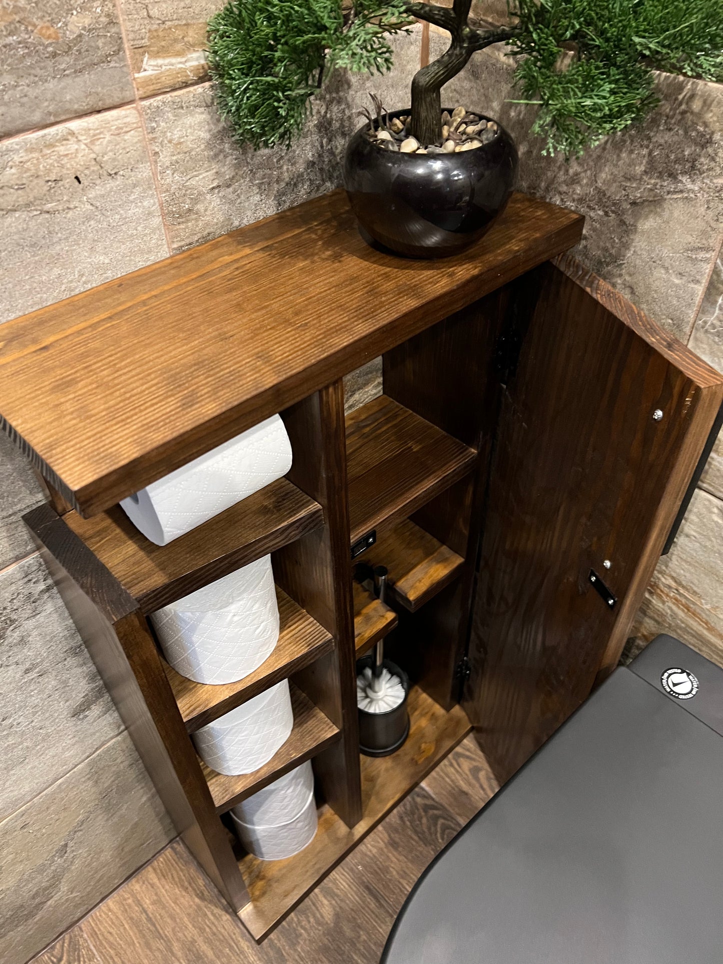 Rustic Wood Toilet Roll Paper Holder Unit Toilet Brush Holder