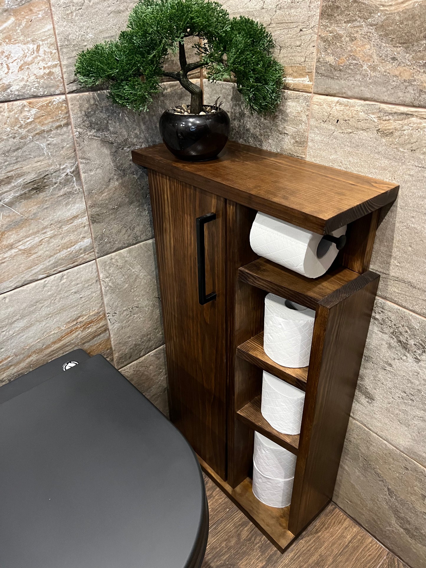 Rustic Wood Toilet Roll Paper Holder Unit Toilet Brush Holder