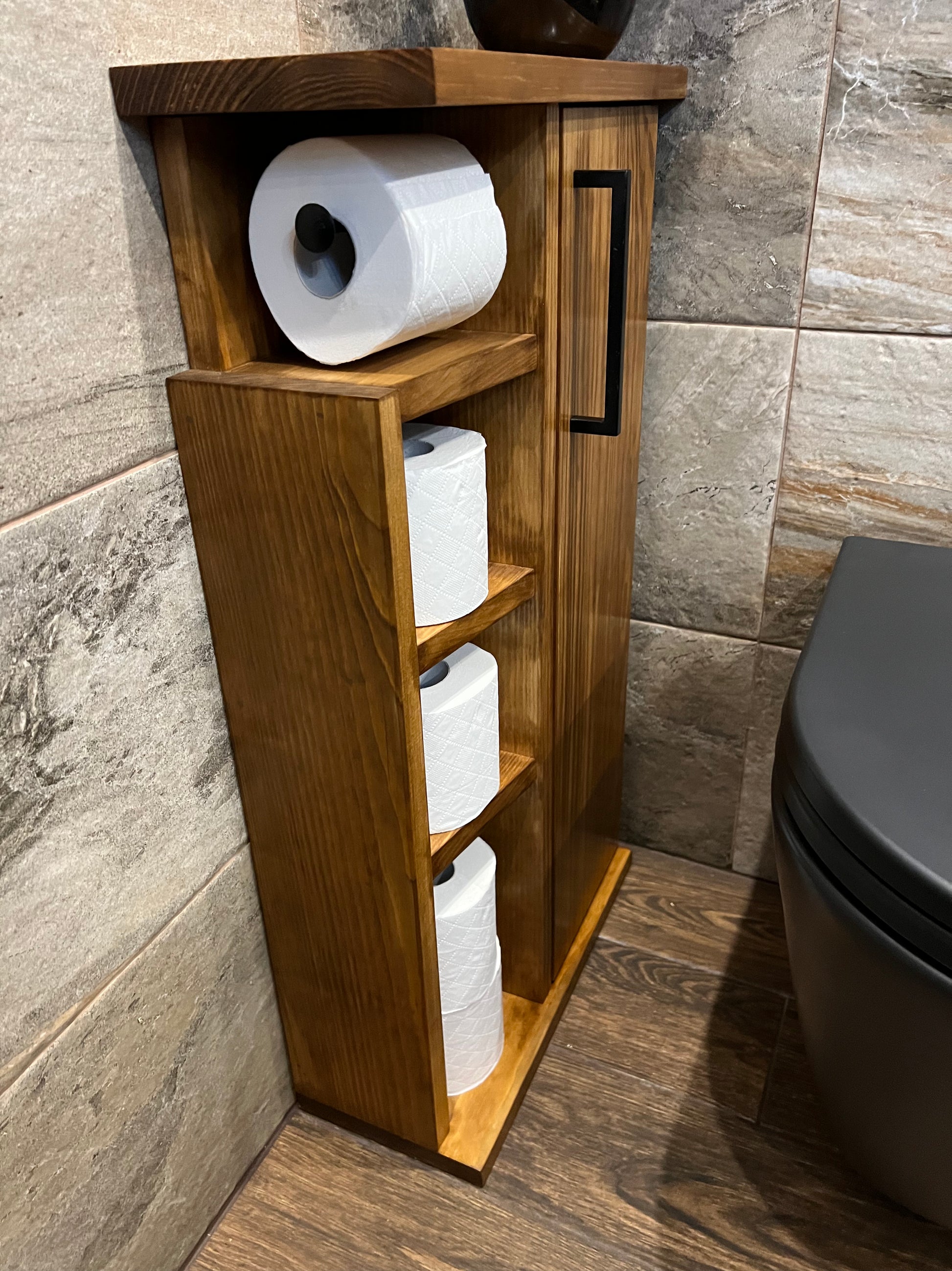 Rustic Wood Toilet Roll Paper Holder Unit Toilet Brush Holder