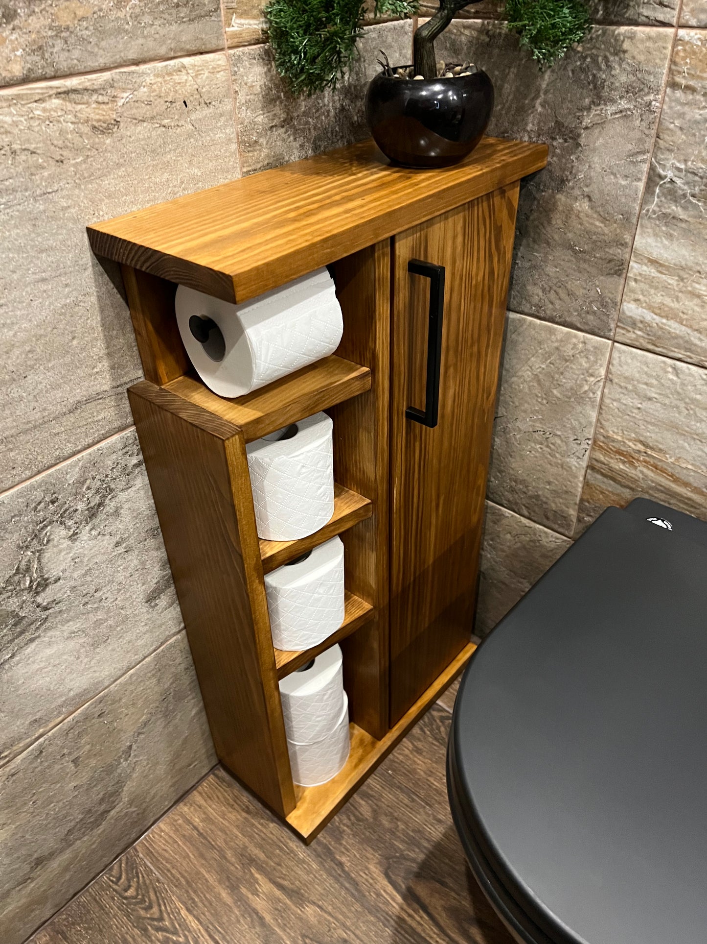 Rustic Wood Toilet Roll Paper Holder Unit Toilet Brush Holder