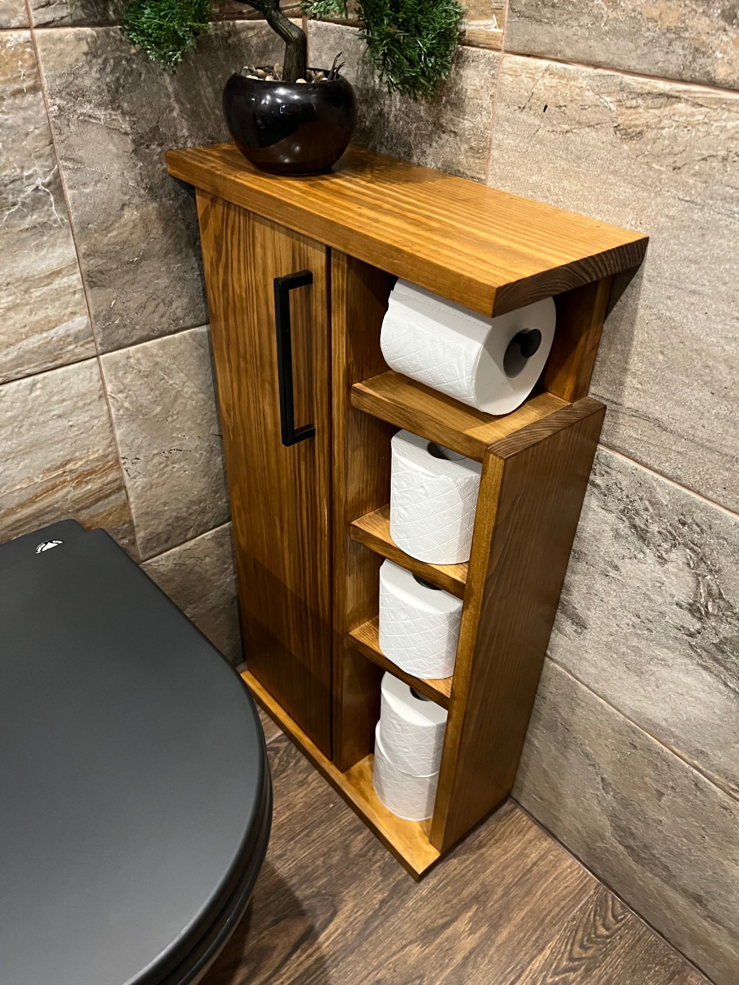 Rustic Wood Toilet Roll Paper Holder Unit Toilet Brush Holder