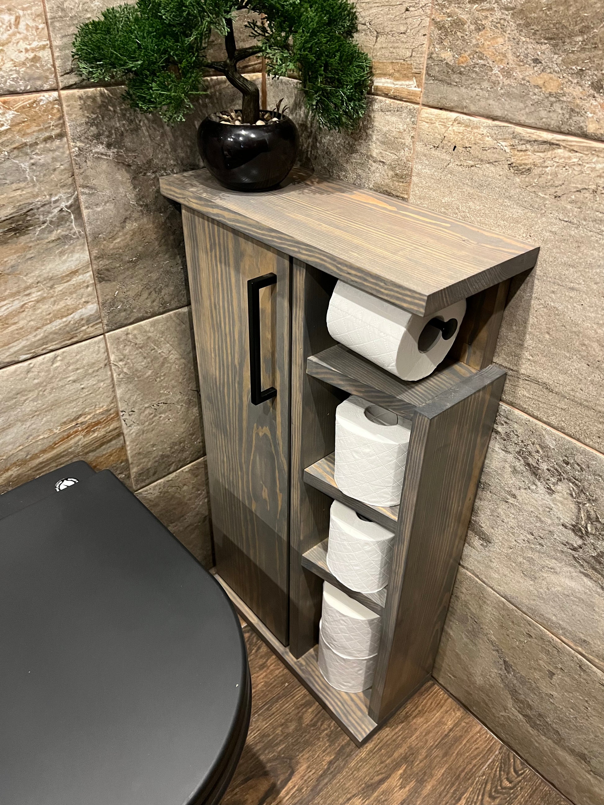 Rustic Wood Toilet Roll Paper Holder Unit Toilet Brush Holder