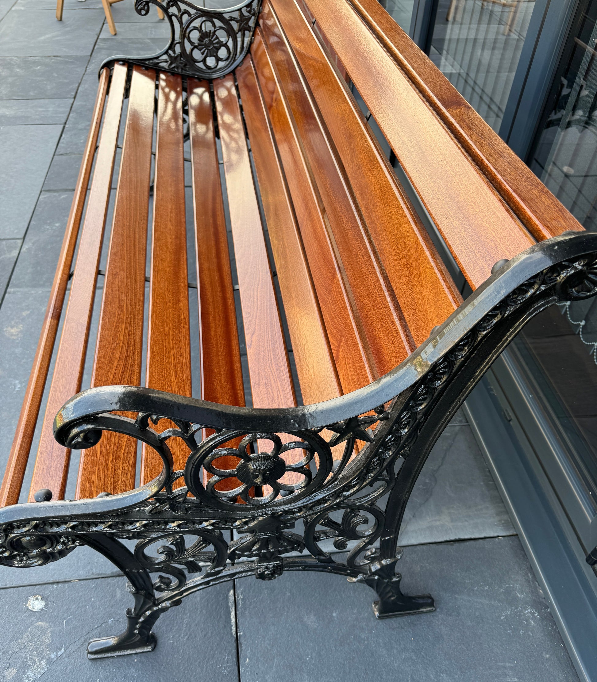 Cast iron garden rustic bench Sapele Tropical Wood