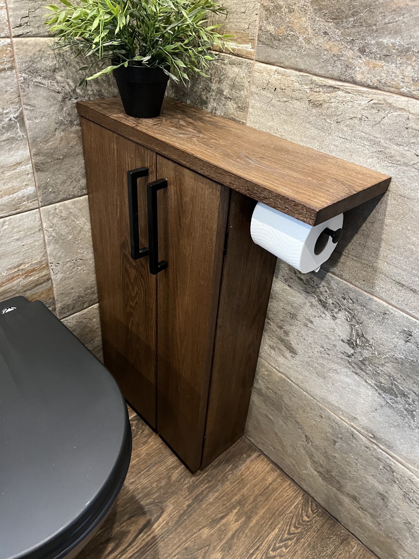 English Oak Rustic Wood Toilet Roll Paper Holder Unit Toilet Brush Holder