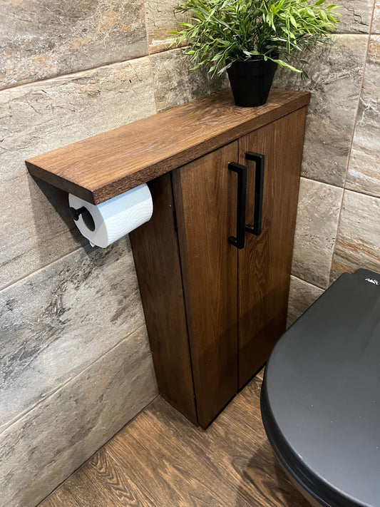 English Oak Rustic Wood Toilet Roll Paper Holder Unit Toilet Brush Holder