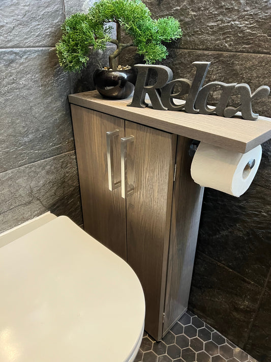 Grey Oak Rustic Wood Toilet Roll Paper Holder Unit Toilet Brush Holder