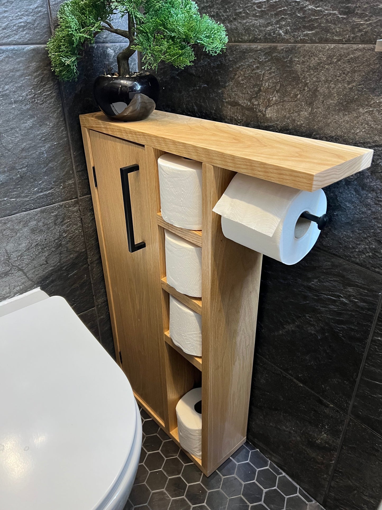 Oak Rustic Wood Toilet Roll Paper Holder Unit