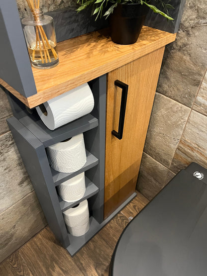 Rustic Grey Painted And Natural Oak Wood Toilet Roll Paper Holder Unit Batroom Unit