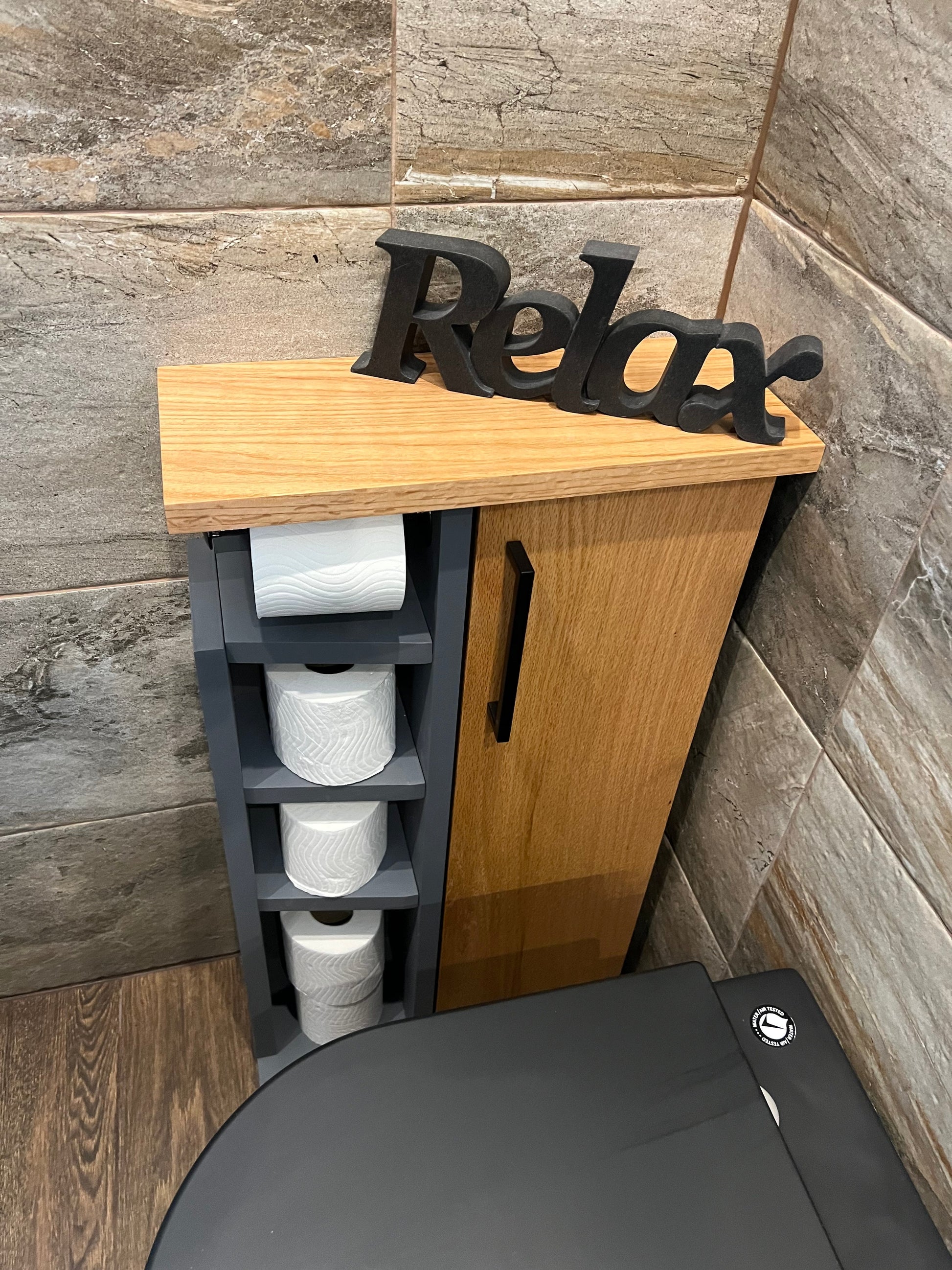 Rustic Grey Painted Natural Oak Wood Toilet Roll Paper Holder Unit